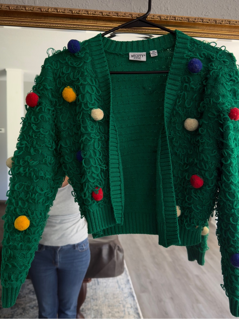 Mighty Fine Emerald Green Loop-Knit Cardigan with Multicolor Pom Poms